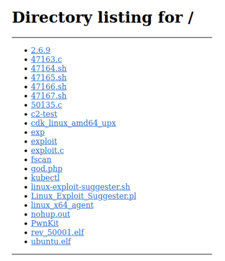 Multiple exploits and malicious tools are hosted on an open directory